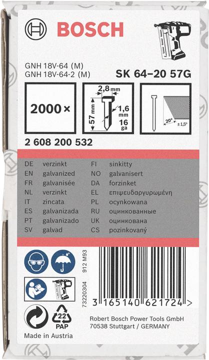 Produktbild Bosch Professional Zubehör Senkkopf-Stift SK64 20G, 57 mm verzinkt