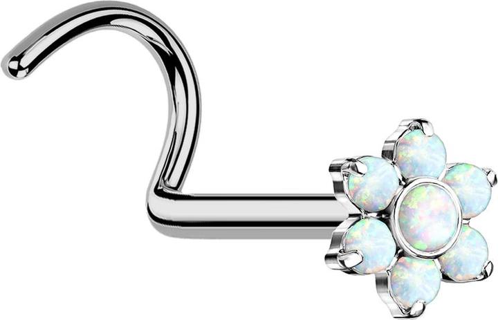 Produktbild Star Piercing Threadless Nasenstecker gebogen silber Blume Opale weiss (ohne Messing, Titan)