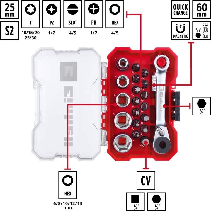 Image du produit Einhell Jeu de douilles à embout 1/4" (6,3 mm) 21 pièces 118683 (6 mm, 12 mm, 10 mm, 8 mm, 13 mm)