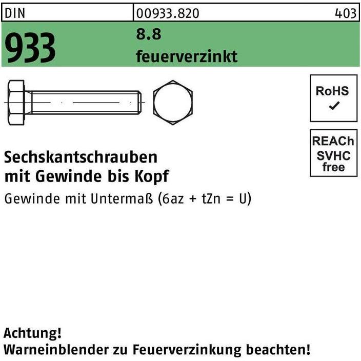 Schrauben, Sechskantschraube DIN 933 VG M 16 x 220 8.8 feuerverzinkt (25 Schrauben pro Stück)
