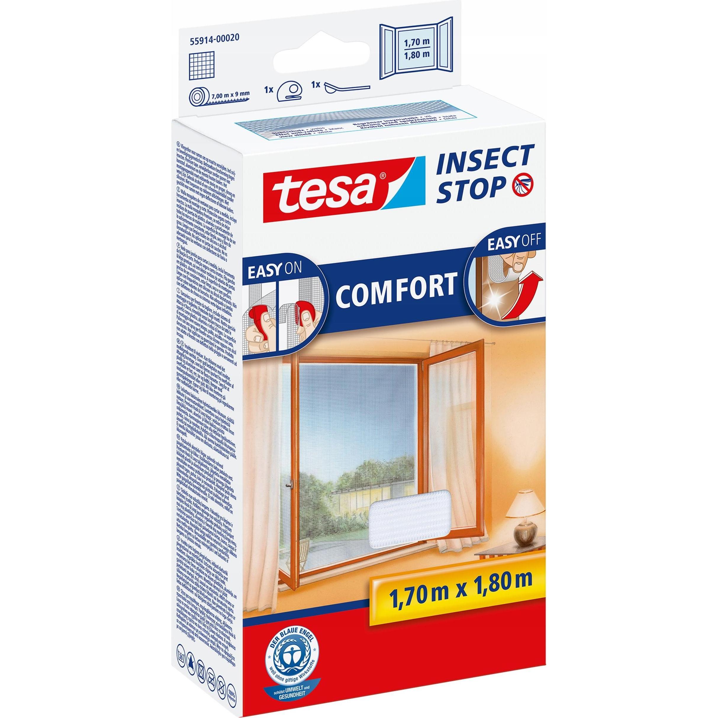tesa, Fliegengitter, Insektenschutz COMFORT für Fenster, mit Klettband, selbstklebend, ohne Bohren (170 x 180 cm)