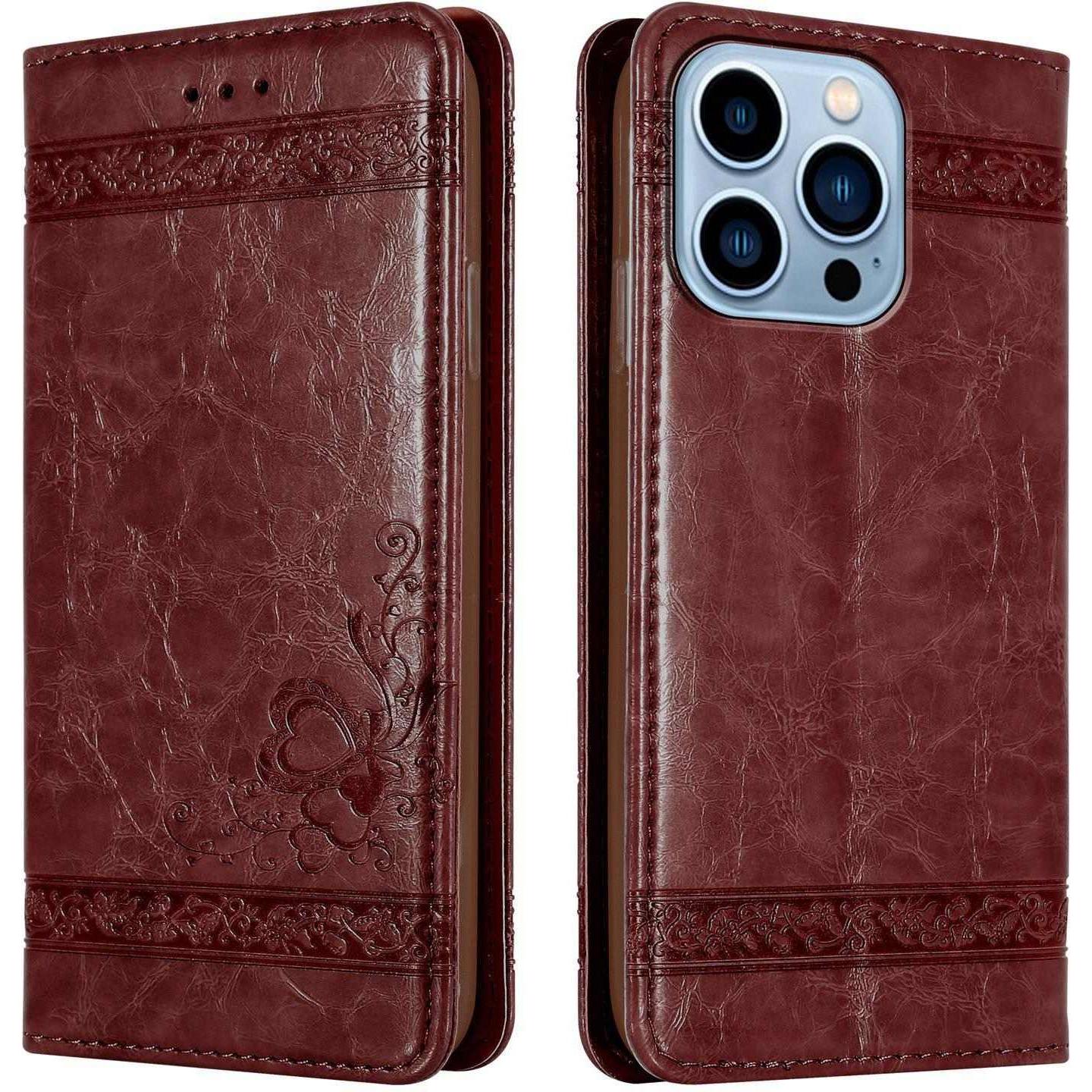 Cadorabo Book Hülle mit Ornamente (Apple iPhone 13 Pro), Smartphone Hülle, Rot