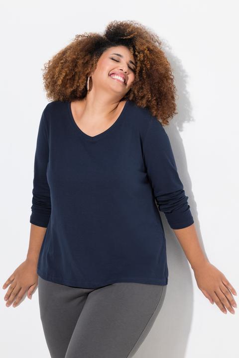 Actual product image Ulla Popken V-Neck Long Sleeves Slim Fit Cotton Knit Tee (58)