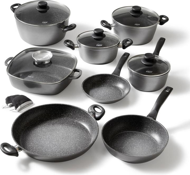 Actual product image Stoneline Cookware set 13 pieces with lids, coated pots, pans Induction suitable (Casserole + Stewpot, Frying pan, Pot, Saucepan, Cast aluminium)