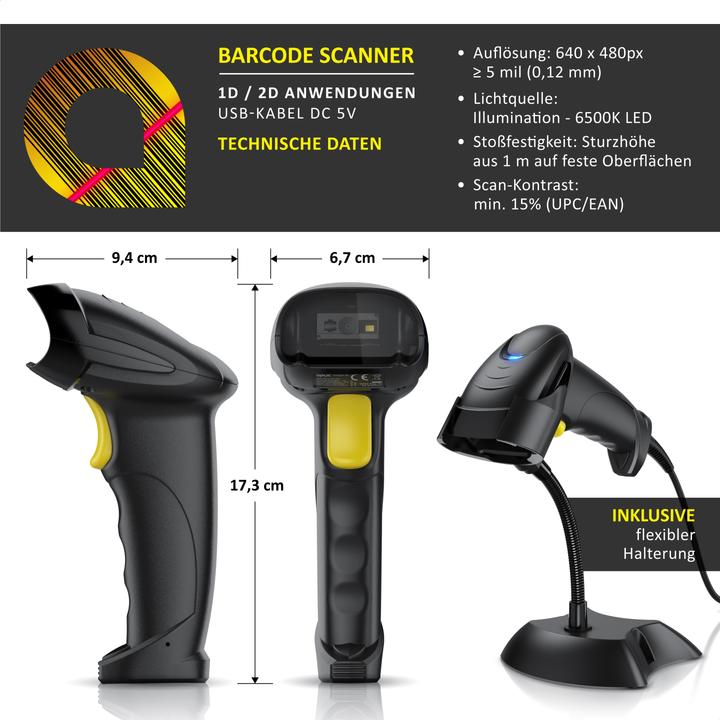 Produktbild Aplic Barcodescanner USB, 2D, manuell/auto QR-Code/Barcode, mit Standhalter Handscanner, Plug & Play (1D-Barcodes, 2D-Barcodes)