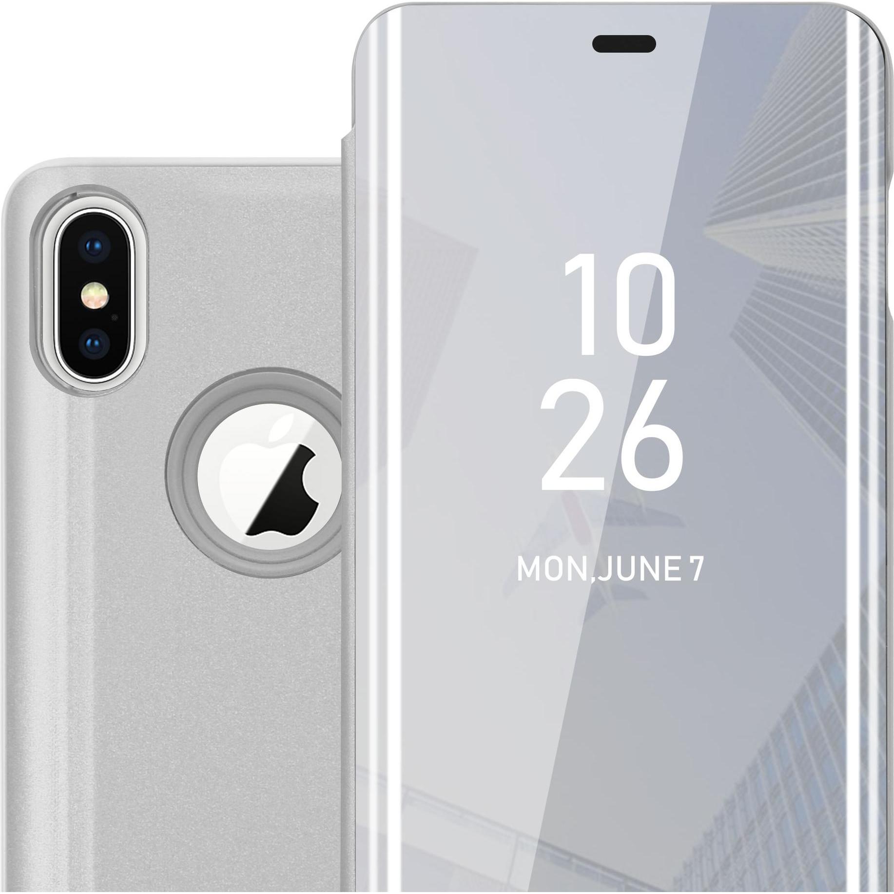 Cadorabo Book Smart View Spiegel Cover (Apple iPhone X), Smartphone Hülle, Silber