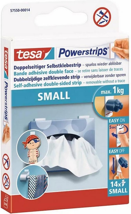 Image du produit tesa Powerstrips SMALL, 1kg de force d'adhérence, 4 bandes adhésives double face
