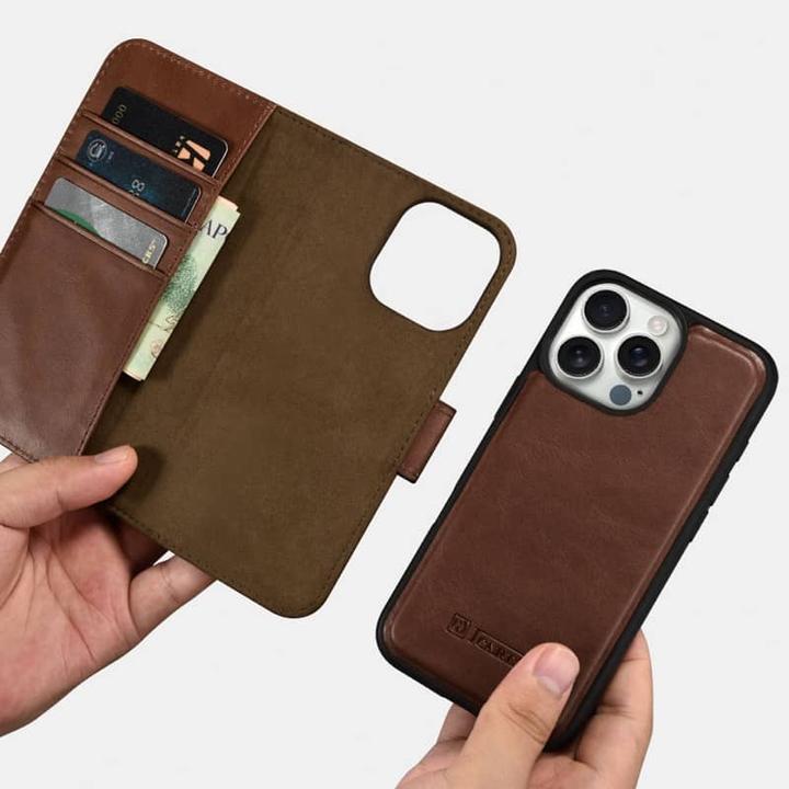 Actual product image iCarer iPhone 16 Pro Max - Oil Wax Premium Genuine Leather Detachable 2 in 1 Wallet Flip Case with (Apple iPhone 16 Pro Max)
