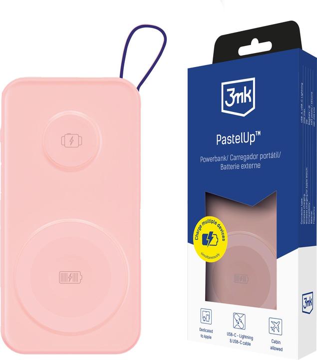 Produktbild 3MK Powerbank PastelUp 10,000mAh 22.5W z Magsafe + ładowanie Apple Watch różowy (10000 mAh, 22.50 W, 37 Wh)