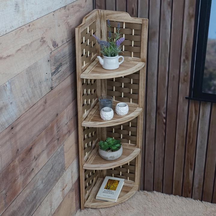 Image du produit Mendler Etagère d'angle HWC-K85, pliable 4 étagères, bois 110cm - marron, tressée marron (110 x 28 x 28 cm)