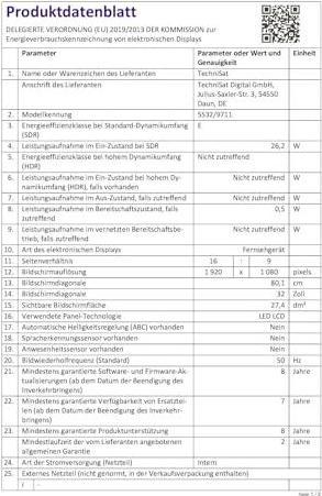 Nutritional values and ingredients TechniSat TECHNILINE32ISI2 (32", LCD, Full HD)