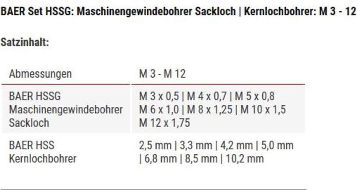 Nutritional values and ingredients Baercoil Gewindeschneider-Set HSSG