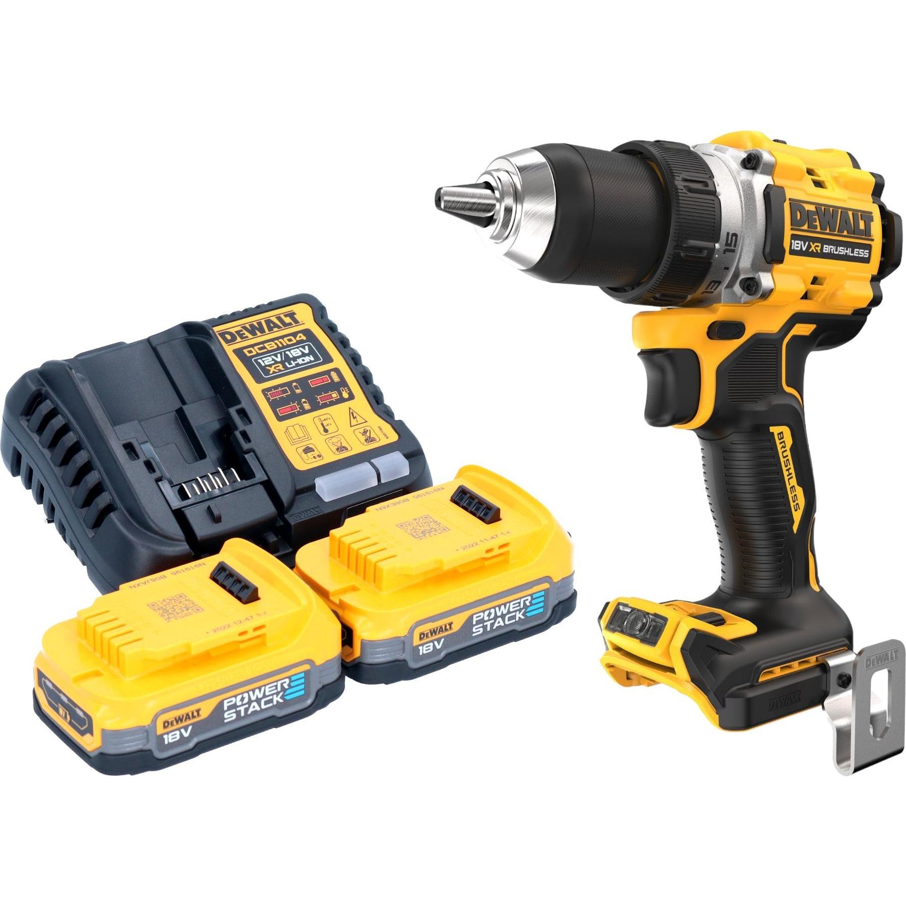 DeWalt, Bohrmaschine + Akkuschrauber, DCD 800 E2 Akku Bohrschrauber 18 V 90 Nm Brushless + 2x Powerstack Akku 1,7 Ah + L...