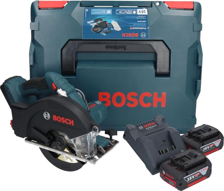 1.2 x 20 mm, 30T, 1x rip fence, 1x L-Boxx 238, 1x matching insert, 1x Bosch GKM 18V-50 Professional cordless metal circular saw, 2x Bosch GBA 18V 4.0Ah battery, 1x Bosch GAL 18V-20 battery charger, 1x circular saw blade Standard for Steel 136 x 1.6