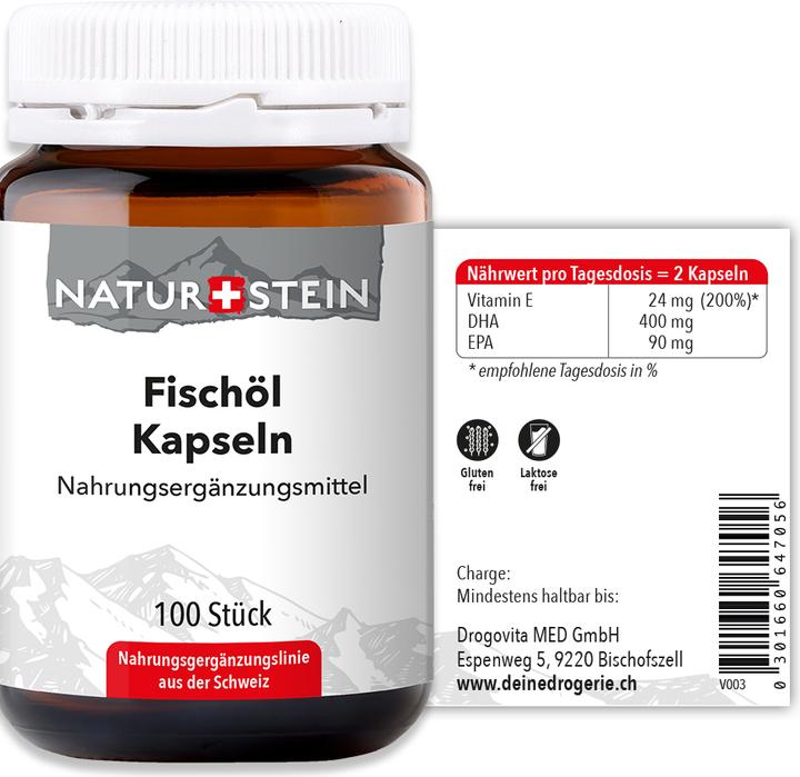 Valori nutrizionali e ingredienti Naturstein Fischöl Kapsel (100 Pezzo/i, Pillole, 168 g)