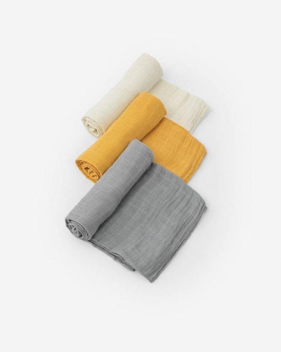 Actual product image little unicorn Cotton Muslin Swaddle 3 Pack - Mustard (120 cm, 120 cm)