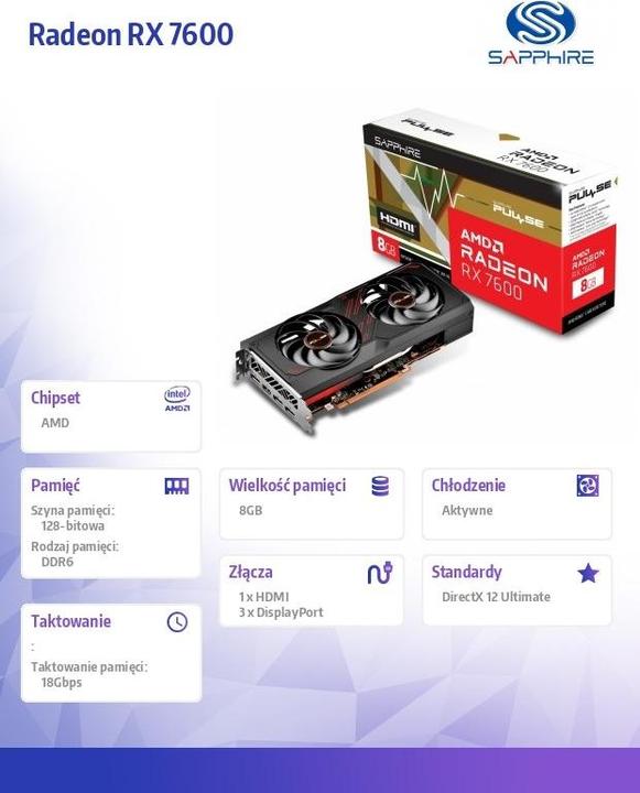 Image du produit Sapphire PULSE AMD RADEON RX 7600 (8 Go)