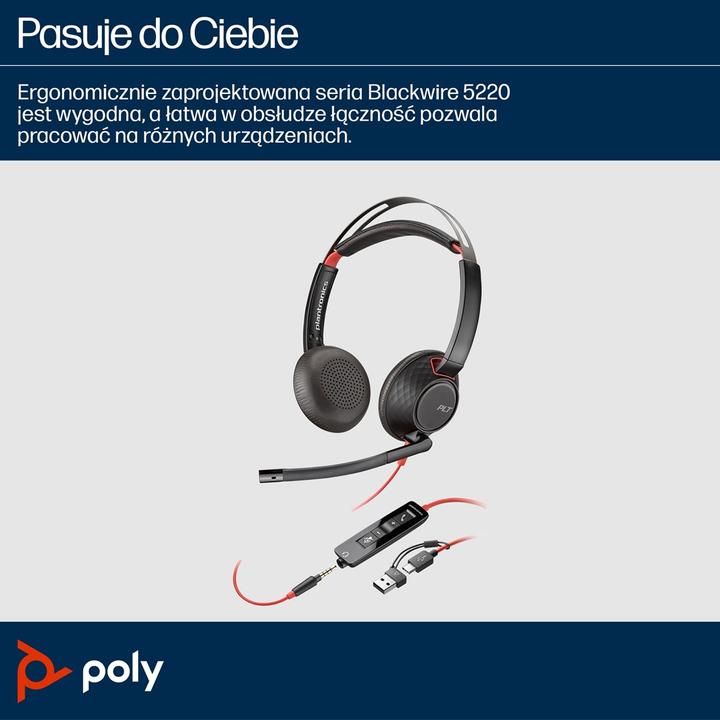 Produktbild Poly Blackwire 5220 + 3.5-mm-Stecker + USB-C/A-Adapter (Kabelgebunden, USB-A, Cisco, Microsoft Teams, Skype, Zoom)