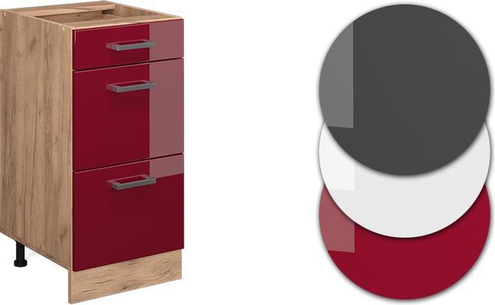 Bordeaux Hochglanz, Goldkraft Eiche, Rot Hochglanz