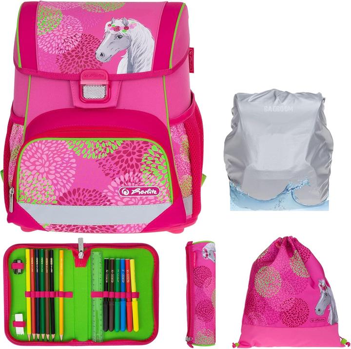 Immagine prodotto Herlitz Loop Plus 5-teiliges Schulranzen-Set mit Regenhülle, Bloomy Horse (16 l)