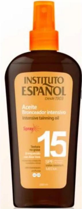 Actual product image Instituto Español Sol. Aceite Proteccion Solar Bronceadora Spf15 Spray 250 ml (Sun spray, SPF 15, 250 ml)