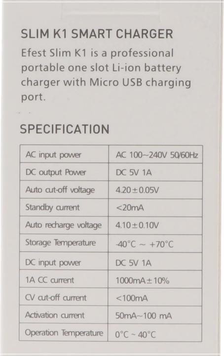 Actual product image Efest K1 Slim Battery Charger (1 pcs., Rechargeable battery)