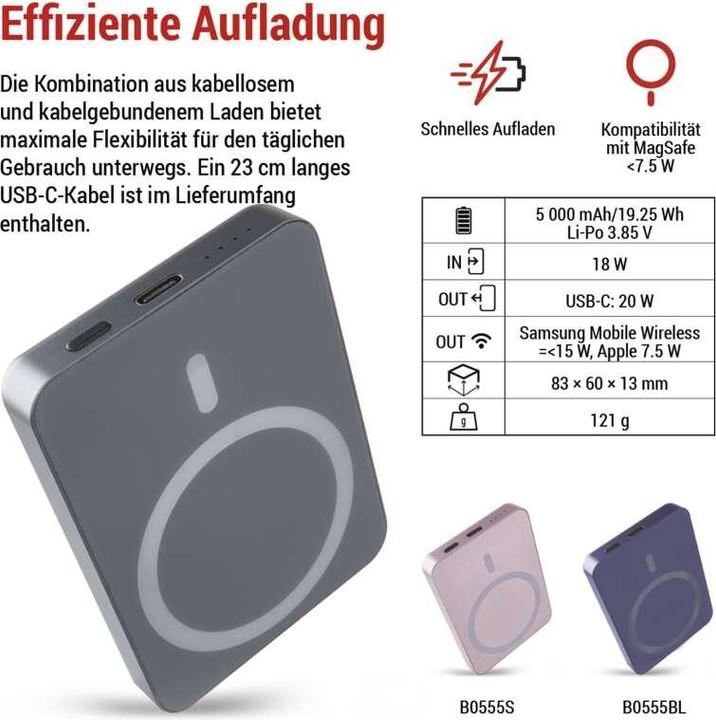 Actual product image Emos Powerbank WI 522, 5 000 mAh, 20 W+Wireless, grey (5000 mAh, 20 W, 19.25 Wh)