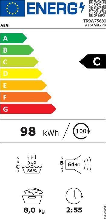 Energie-Label AEG Öko Lavatherm TR9W75680 (8 kg, Rechts)