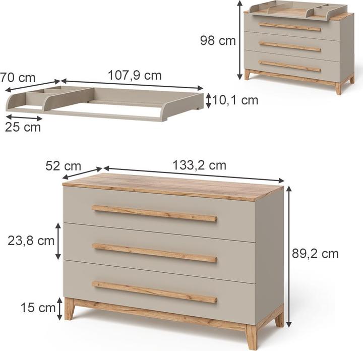 Produktbild VitaliSpa Wickelkommode Malia, Cashmere/Eiche/Artisan, 133.2 x 98 cm mit 3 Schubladen