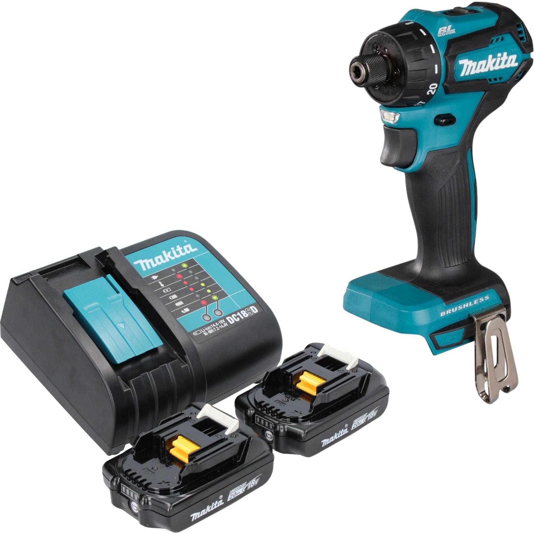 Makita, Bohrmaschine + Akkuschrauber, DDF 083 SA Akku Bohrschrauber 18 V 40 Nm 1/4" Brushless + 2x Akku 2,0 Ah + Ladeger...
