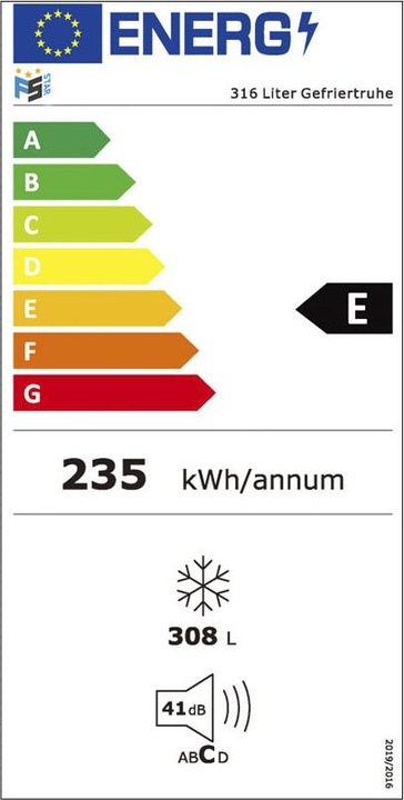Energie-Label Kibernetik FSP Gefriertruhe (Freistehend, 308 l)