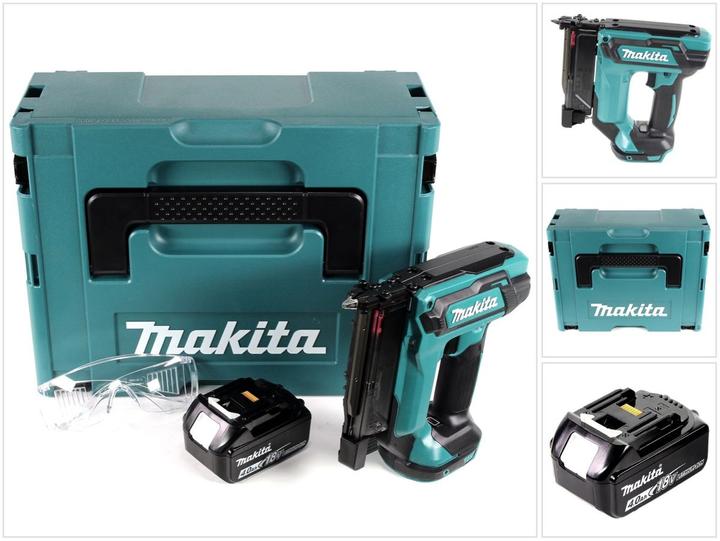 1x Makita DPT 353 ZJ 18 V Li-Ion cordless pin tacker, 1x safety goggles, 1x belt attachment, 1x Makita Makpac 2 with foam insert, 1x 4.0 Ah BL 1840 B rechargeable battery