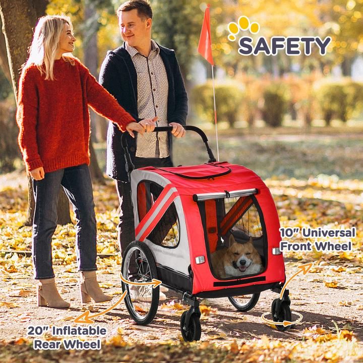 Produktbild PawHut 2-in-1 Hundewagen und Anhänger mit Luftpumpe und roter Fahne