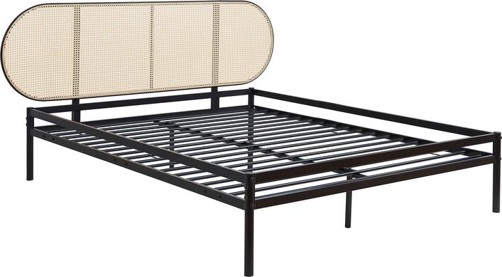 Actual product image En.Casa Metallbett Linköping mit ovalem Kopfteil 160x200 cm Schwarz/Rattanoptik (160 x 200 cm)