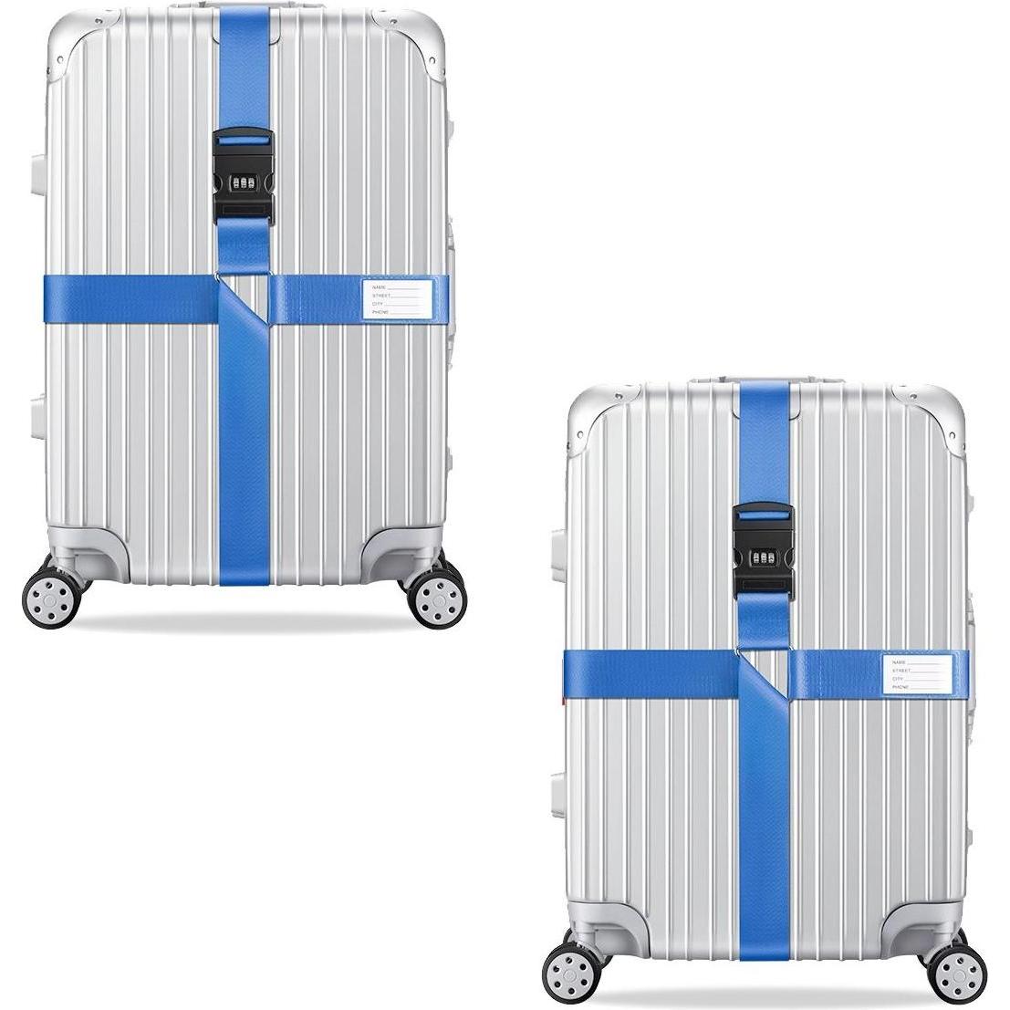 König Design, Reisezubehör, 2x Kreuz Kofferband Koffergurt Gepäckband Kofferriemen Gepäckgurt Zahlencode Set, Blau