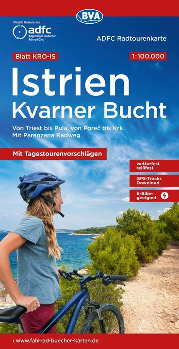 Produktbild ADFC-Radtourenkarte KRO-IS Istrien Kvarner Bucht, mit Tagestourenvorschlägen, 1:100.000, reiss- und