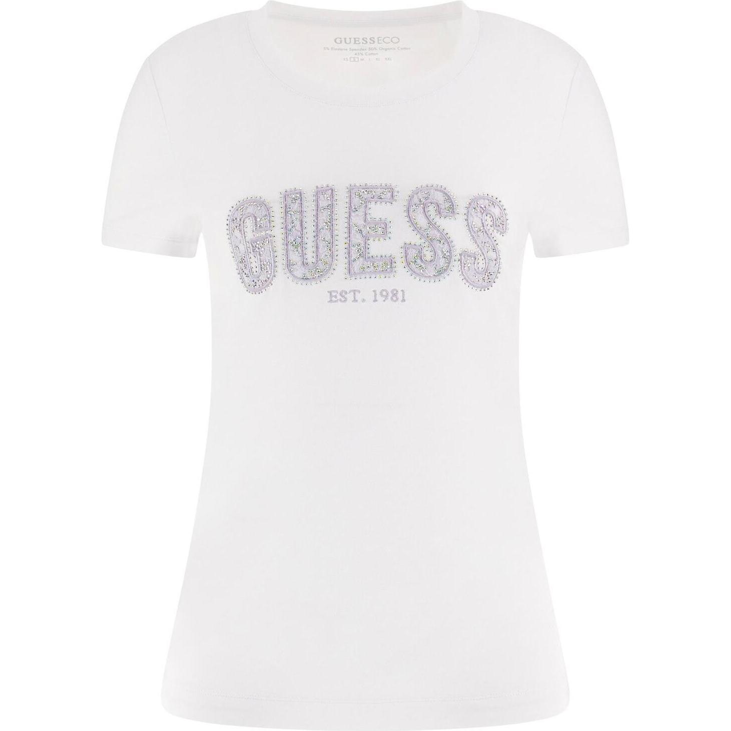 Guess, Damen, Shirt, Damen T-Shirt mit Rundhalsausschnitt aus Spitze, Weiss, (XL)