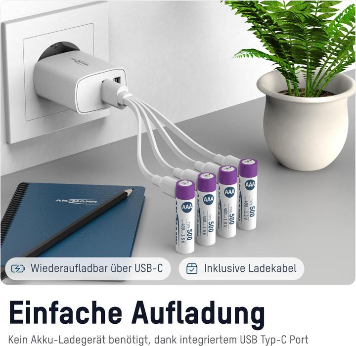 Immagine prodotto Ansmann LR03 USB-C Micro (AAA) batteria ricaricabile Li-Ion 500 mAh 1,5 V 4 pz. (4 pz., AAA, 400 mAh)