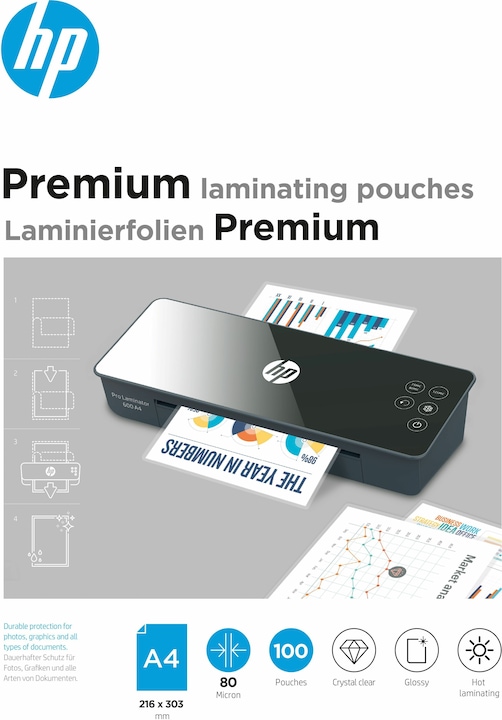 HP Lamineerfolie Premium A4, 80 µm, 100 stuks, Glanzend (A4, 100 Stuk, 80 µm)