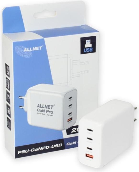 Productafbeelding Allnet Vervangende voeding QC USB-C PD GaN voeding 200 Watt 1x USB Type-A QC, 3x USB Type-C** (200 W)