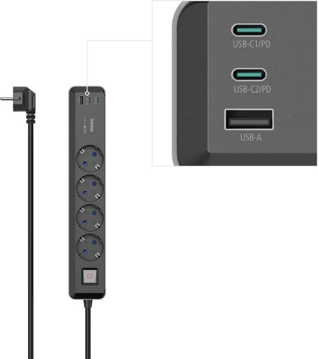 Image du produit Hama Prises multiples, 4x, USB-C/A 65W, PD, interrupteur, 1,4 m, noir/gris (4 x, CEE 7/3, 1.40 m)