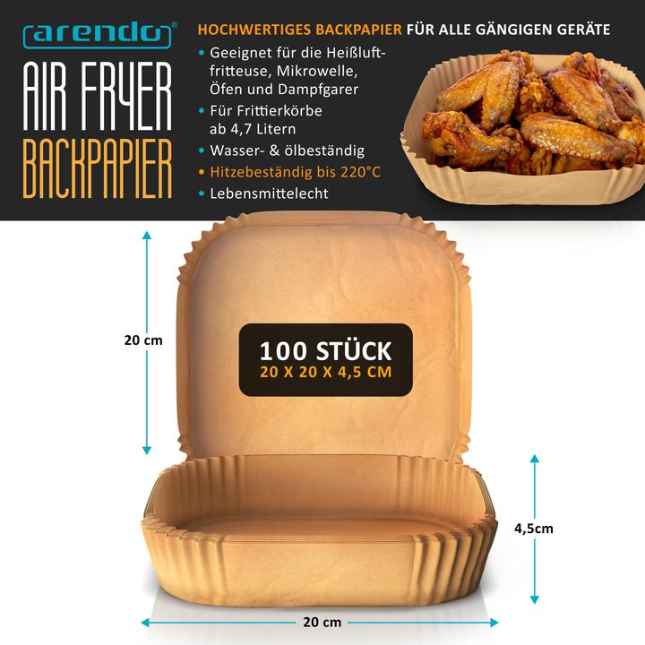 Produktbild Arendo Backpapier für Heissluftfritteuse 4,5-7,5L, 100 St., 20x20x4,5 cm, Antihaft, für Airfryer, Ofen usw.