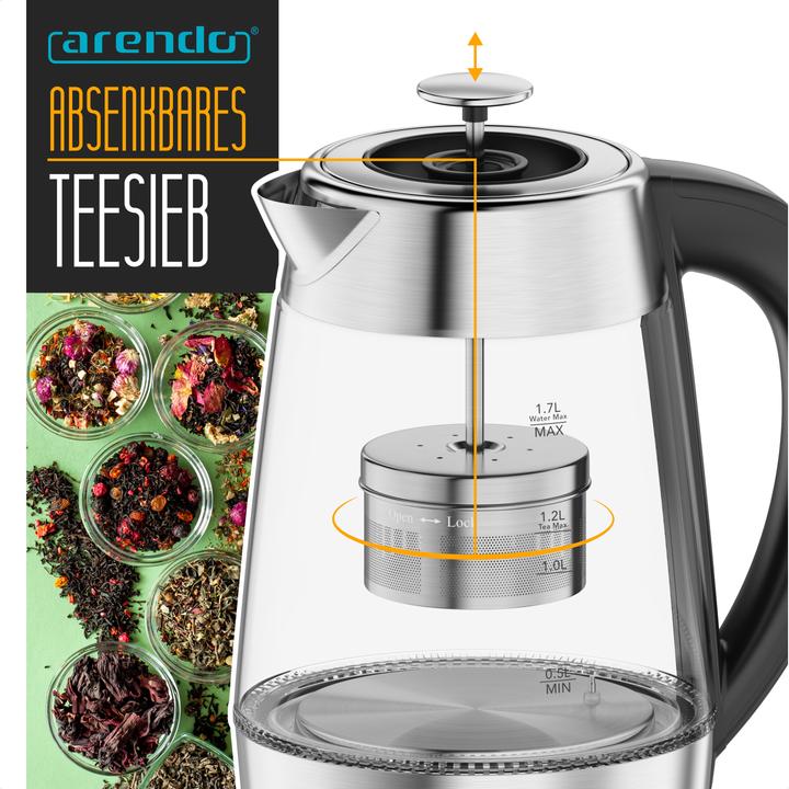 Immagine prodotto Arendo Wasserkocher, 2in1 Teebereiter mit Teesieb & 5 Temperaturen, 1.7 l, 2200 W, 40-100°C, LED-Licht (1.70 l)