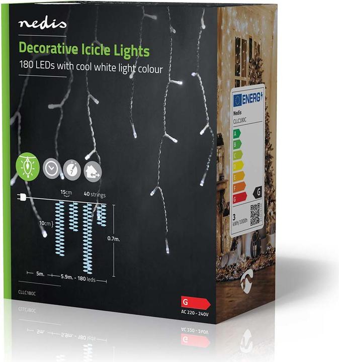 Actual product image Nedis Decorative icicle lights | 180 LED's | Cold white | 5.90 m | Light effects: 7 | Mains power supply (10.90 m)