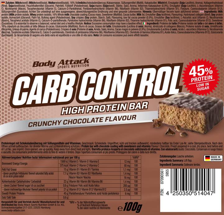 Produktbild Body Attack Carb Control (15x100g Riegel) (Stracciatella, 15 Stk., 1500 g)