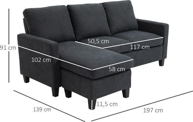 Actual product image Swisshandel24 Corner sofa Fabric sofa Corner sofa set with reversible chaise longue L-shape Dark grey 197 x 139 x (Corner sofa)