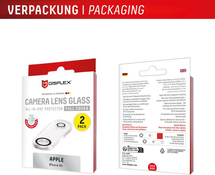 Produktbild Displex Full Cover Camera Lens Glass, Kamera Schutzglas, Platte, Doppelpack (2 Stück, Apple iPhone Air)