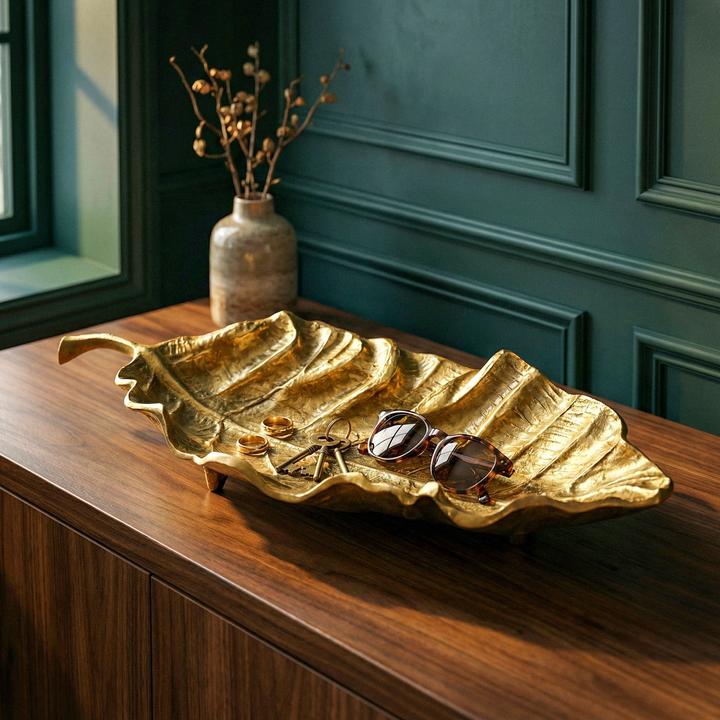 Produktbild FineBuy Dekoschale Blatt Aluminium Schale 67cm Tischdeko Alu Metall Wohnaccessoire Lang