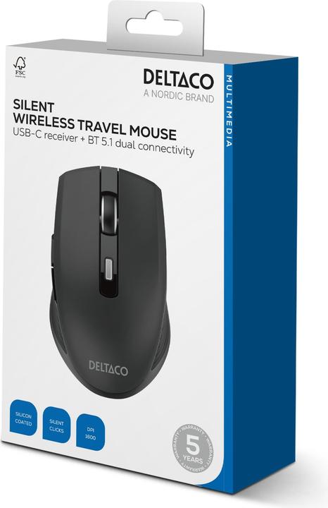 Actual product image Deltaco Silent Wireless USB-C Travel Mouse with USB-C Rece - Mus - 6 scarce - Sort (Wireless)