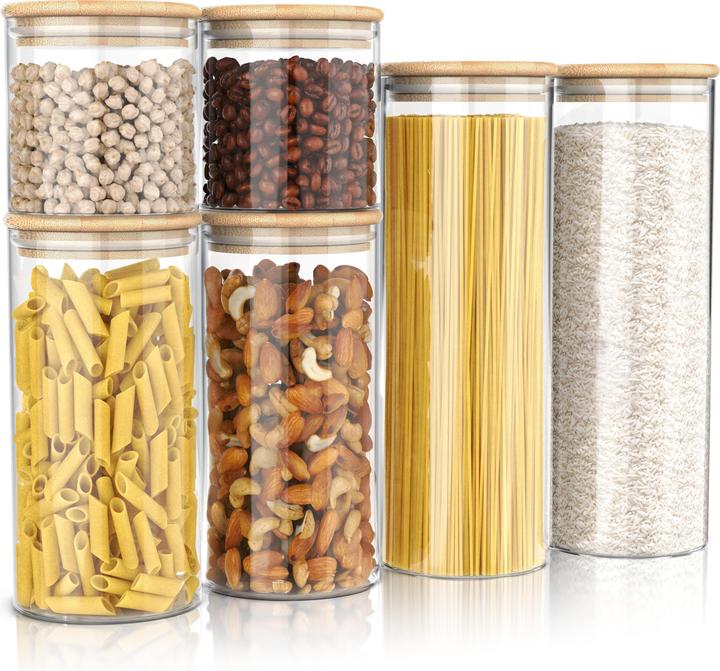 Arendo 6x Vorratsgläser Set 2x0,78L & 2x2,2L, Borosilikatglas, Bambusdeckel luftfdicht, Aufbewahrungsgläser (0.78 l)